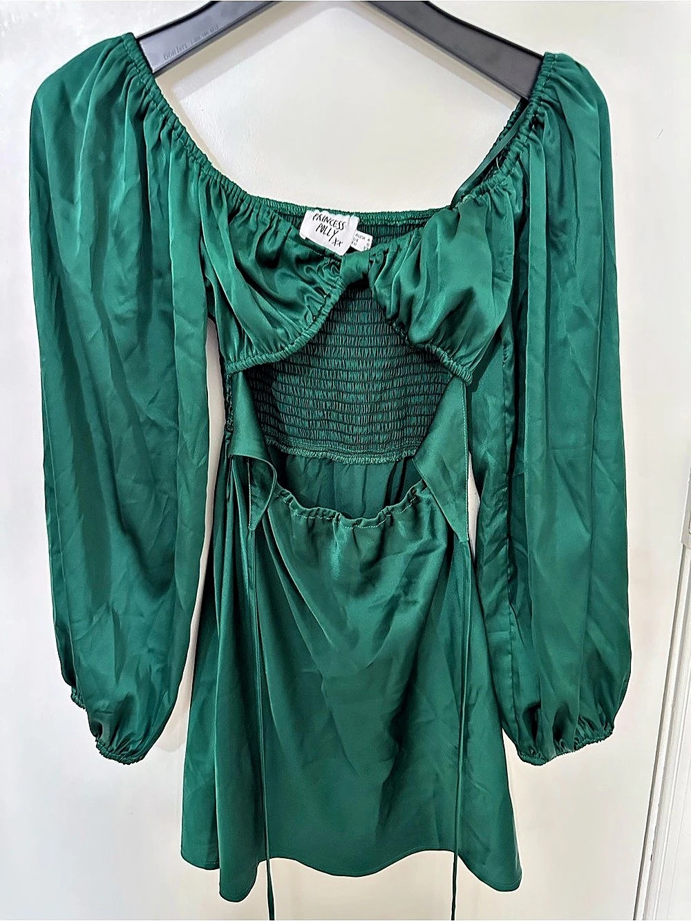 Princess Polly Nakita Long Sleeve Satin Cutout Mini Dress Green